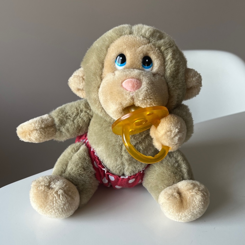 Vintage 1980s RUSS Caress Soft Pets Baby Chee Chee Gorilla Monkey with pacifier